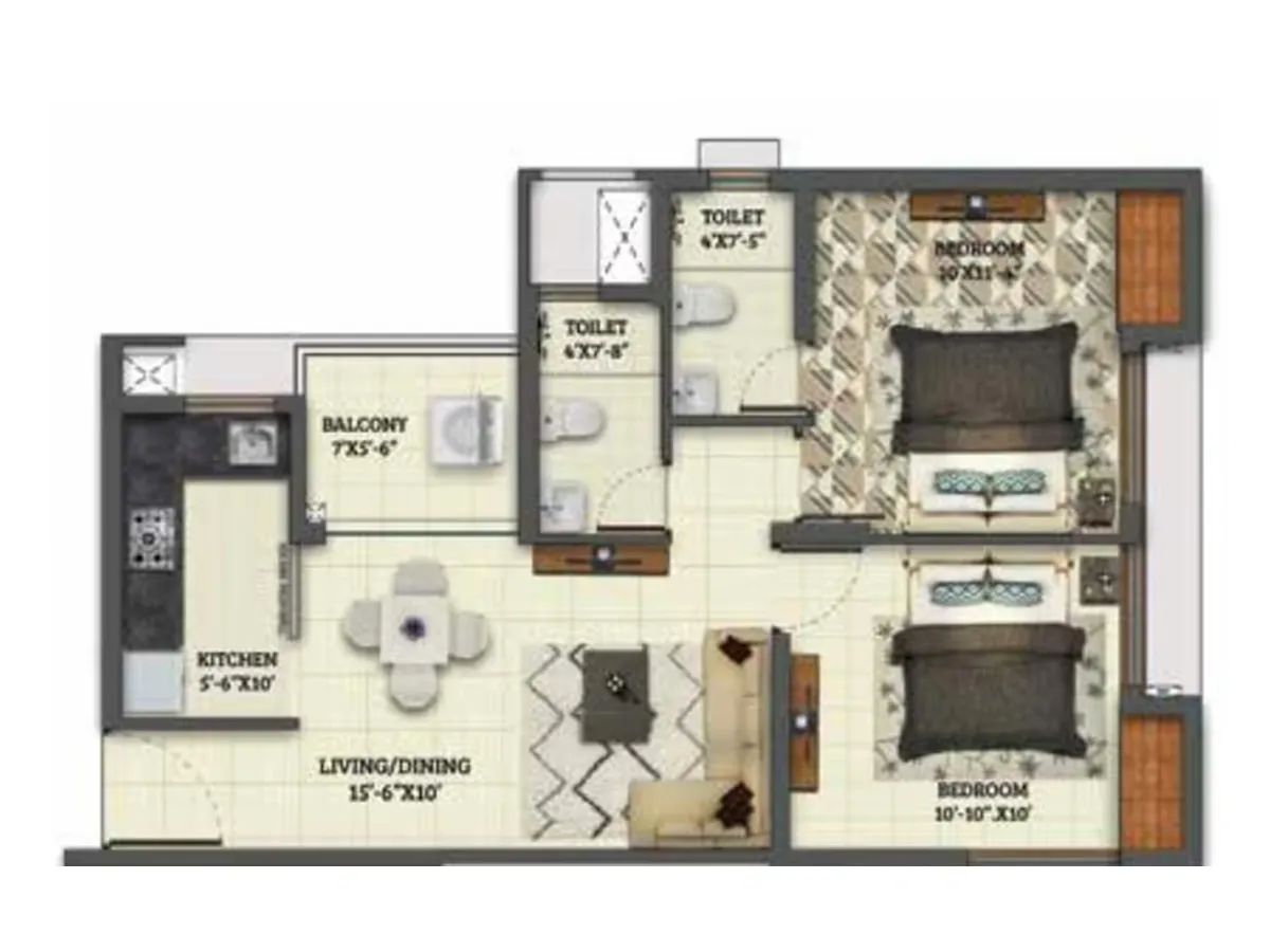 2 BHK Type 2 unit plan, flats F and G