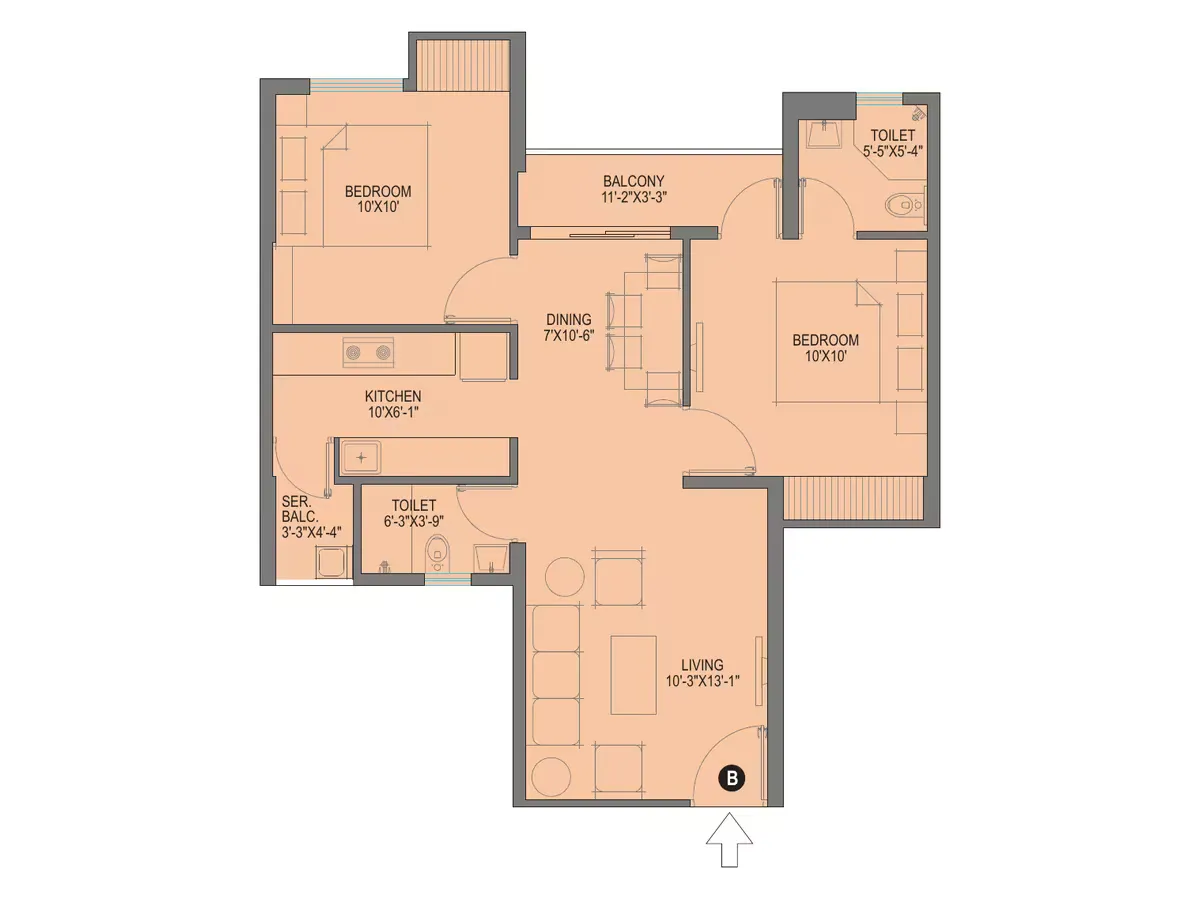 2 BHK typical floor plan, Flat B