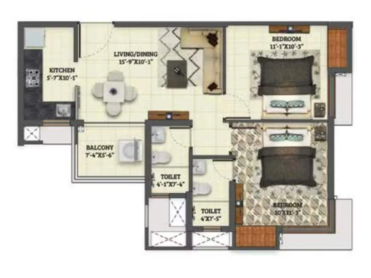 2 BHK Type 1 unit plan, flats E and H