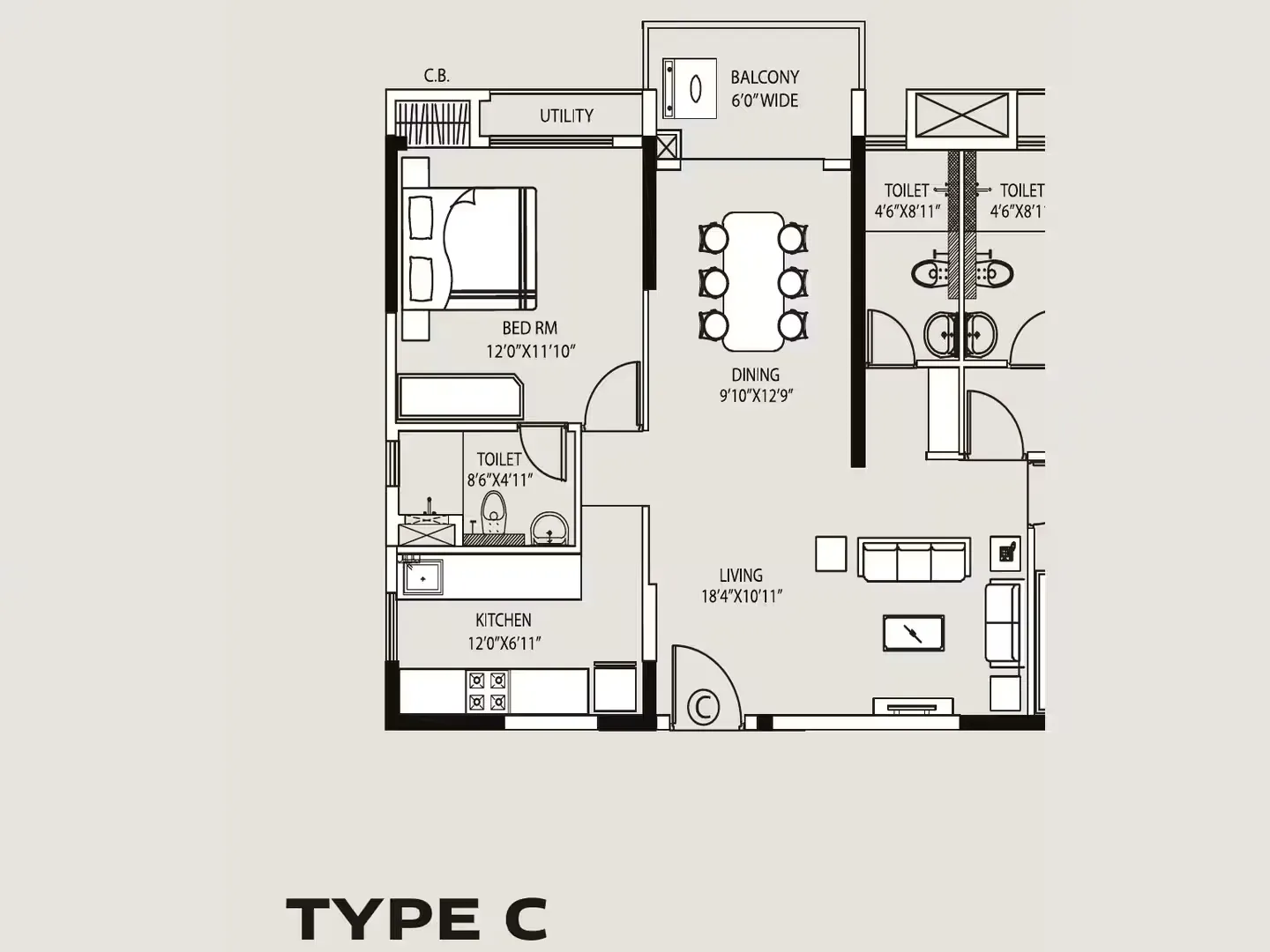 Large 3 BHK + 3T floor plan