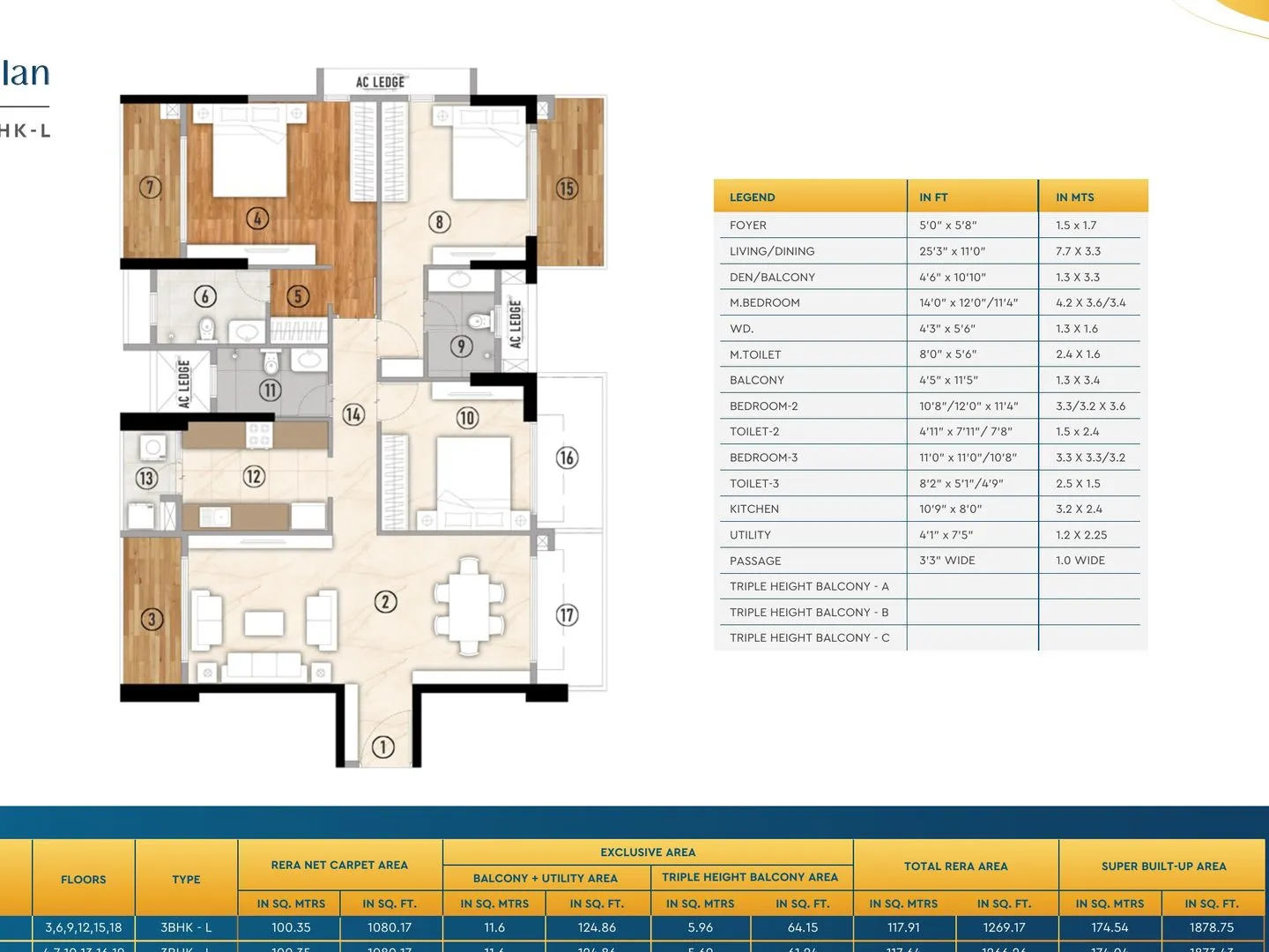 Unit plan of the 3 BHK Type L residence