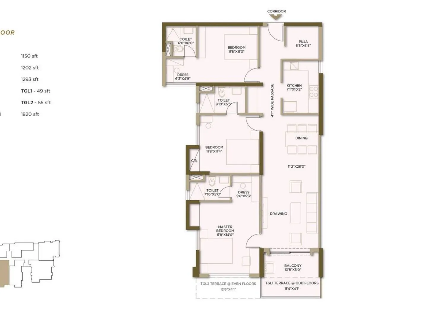 Unit plan of a 3 BHK residence with 3 toilets