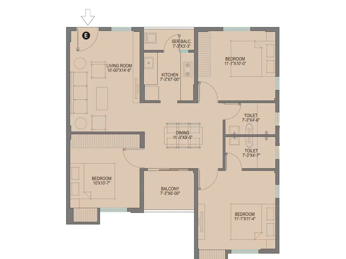 3 BHK 1180 sq.ft. typical floor plan, Flat E