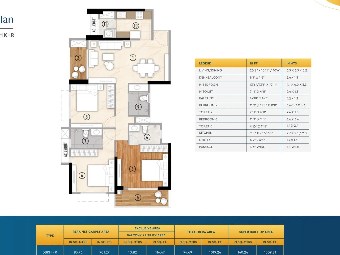 Unit plan of the 3 BHK Type R residence