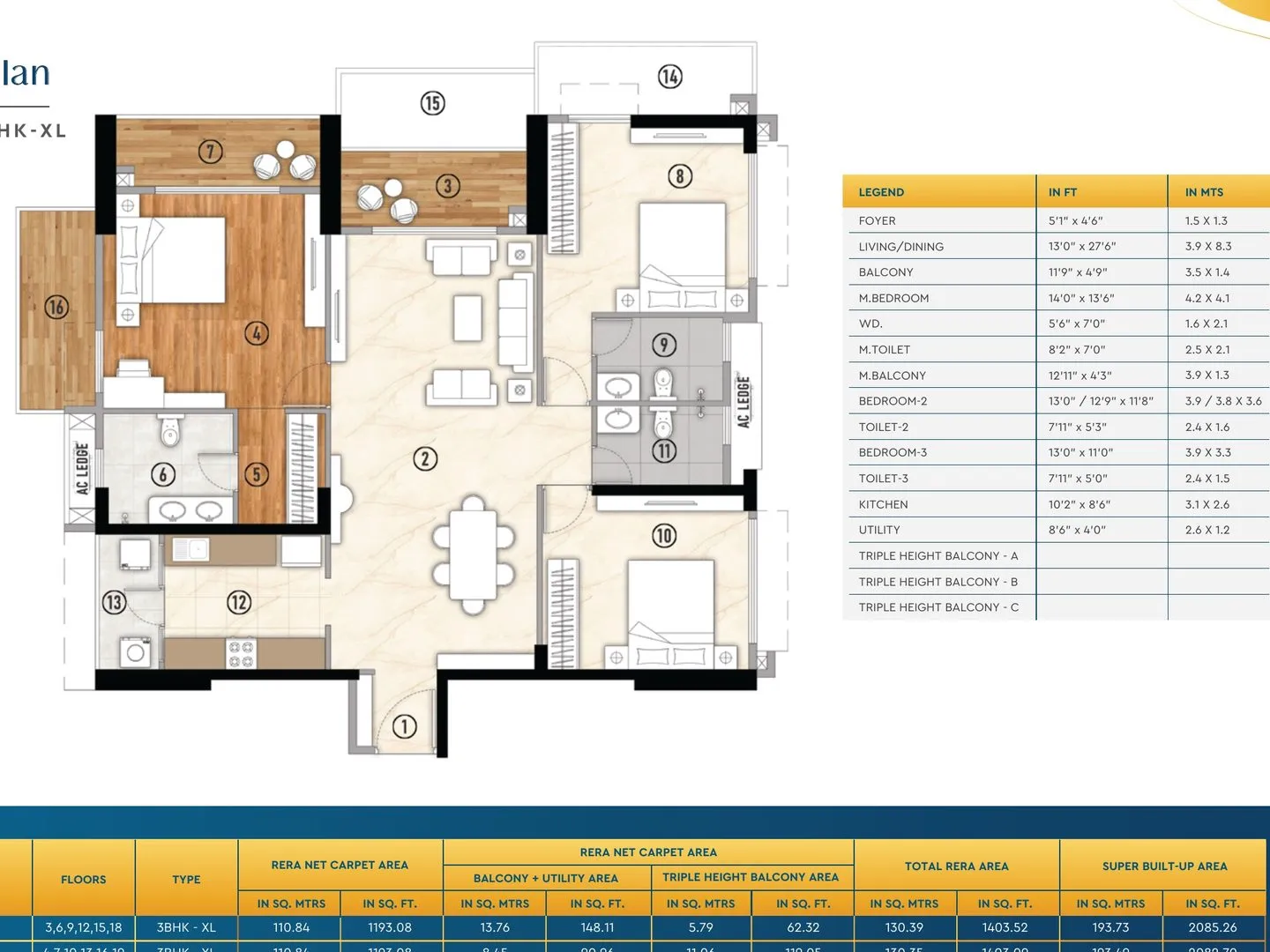 Unit plan of the 3 BHK Type XL residence