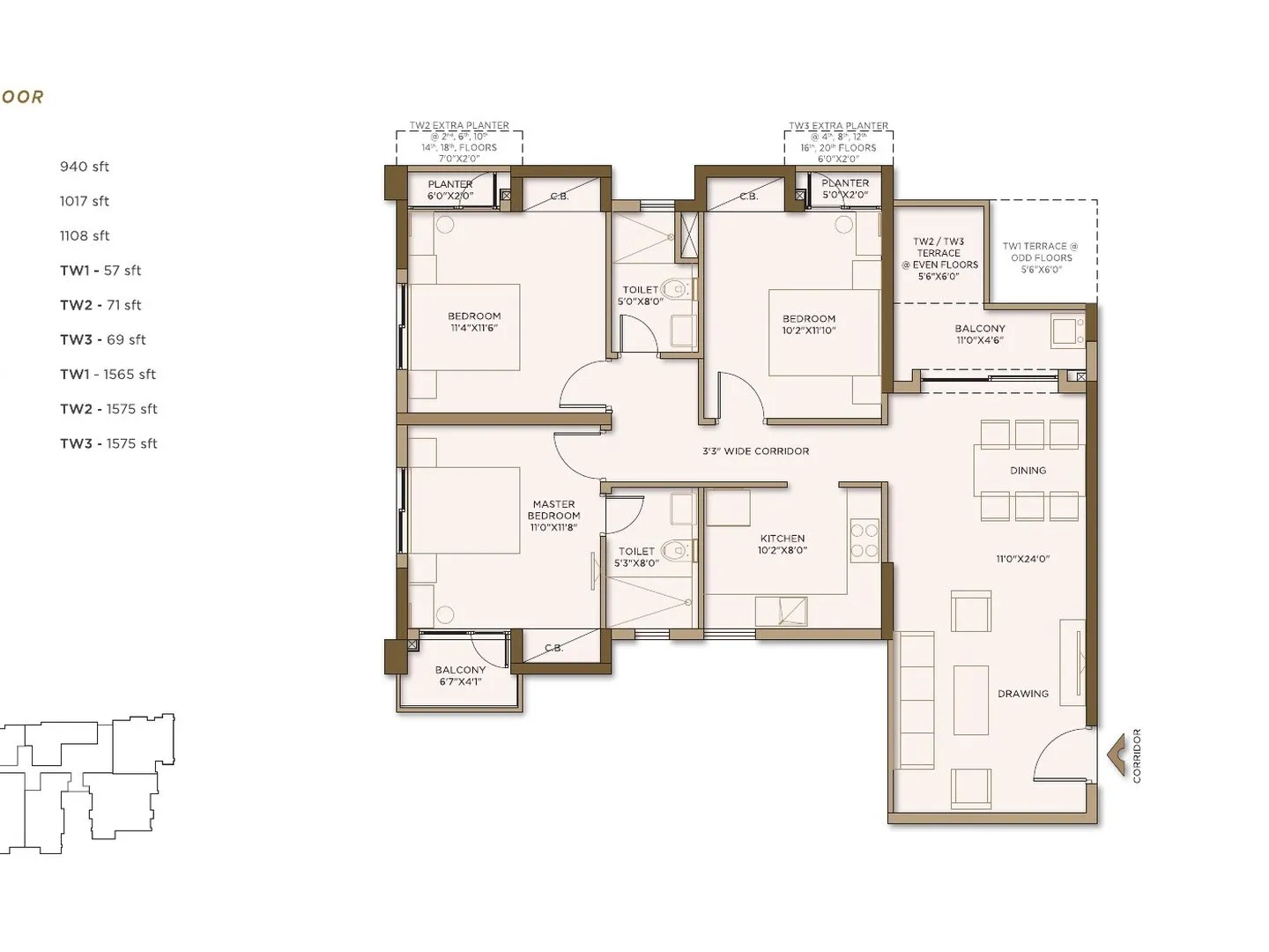 Unit plan of a 3 BHK residence with 2 toilets