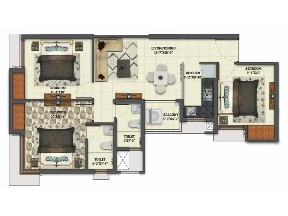 3 BHK unit plan, flats A to D