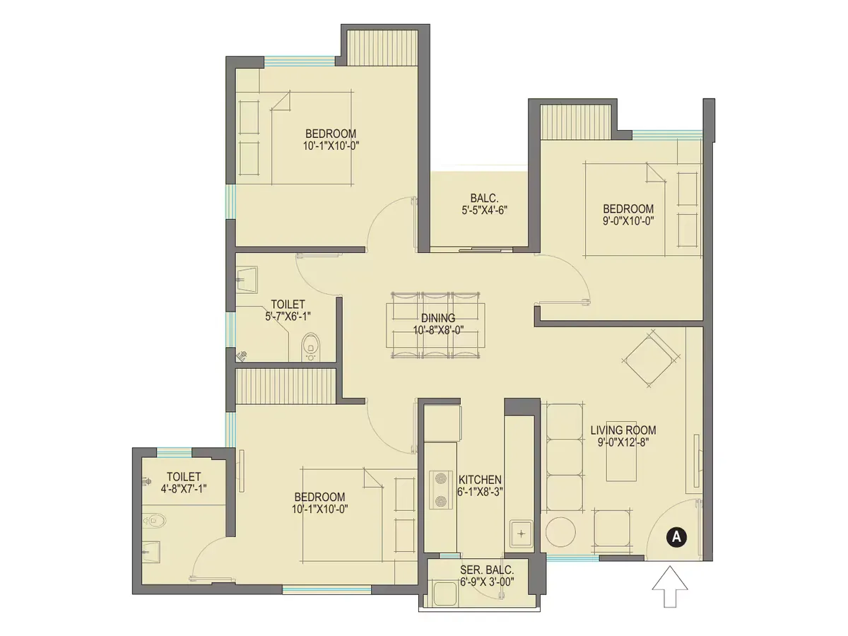 3 BHK 1020 sq.ft. typical floor plan, Flat A