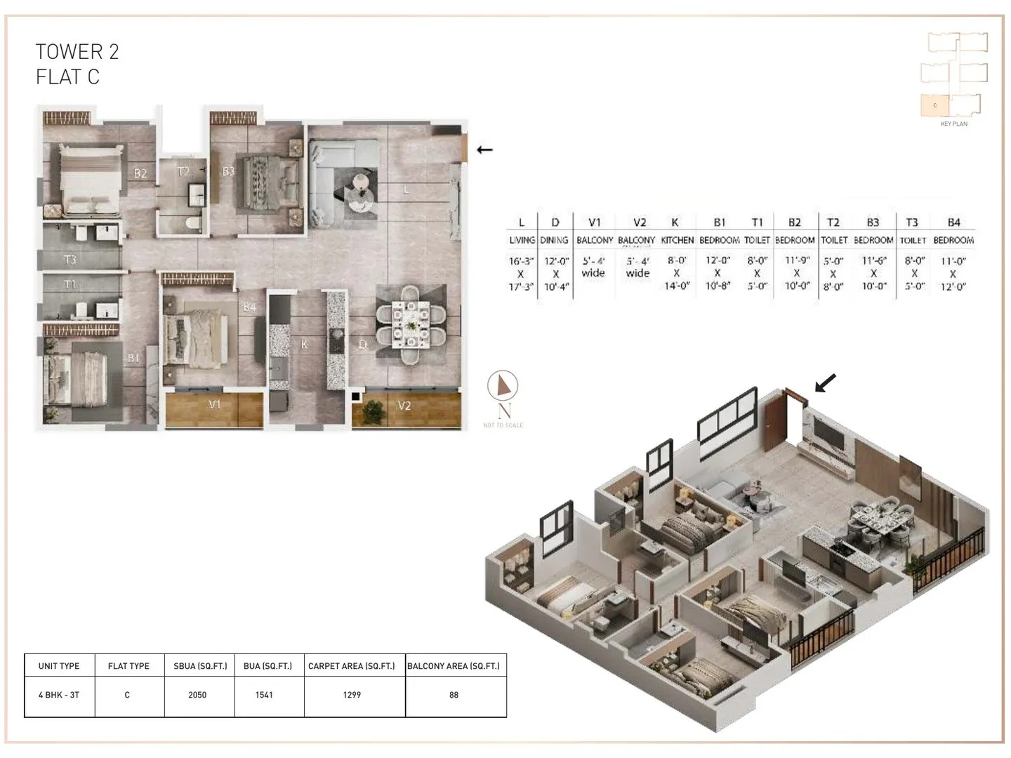 Unit plan of a 4 BHK residence