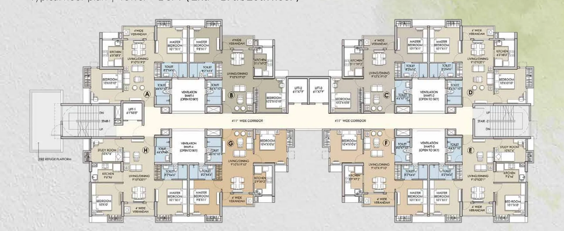 Typical floor plan of Towers 1 and 4 with 2 BHK and 2.5 BHK apartments