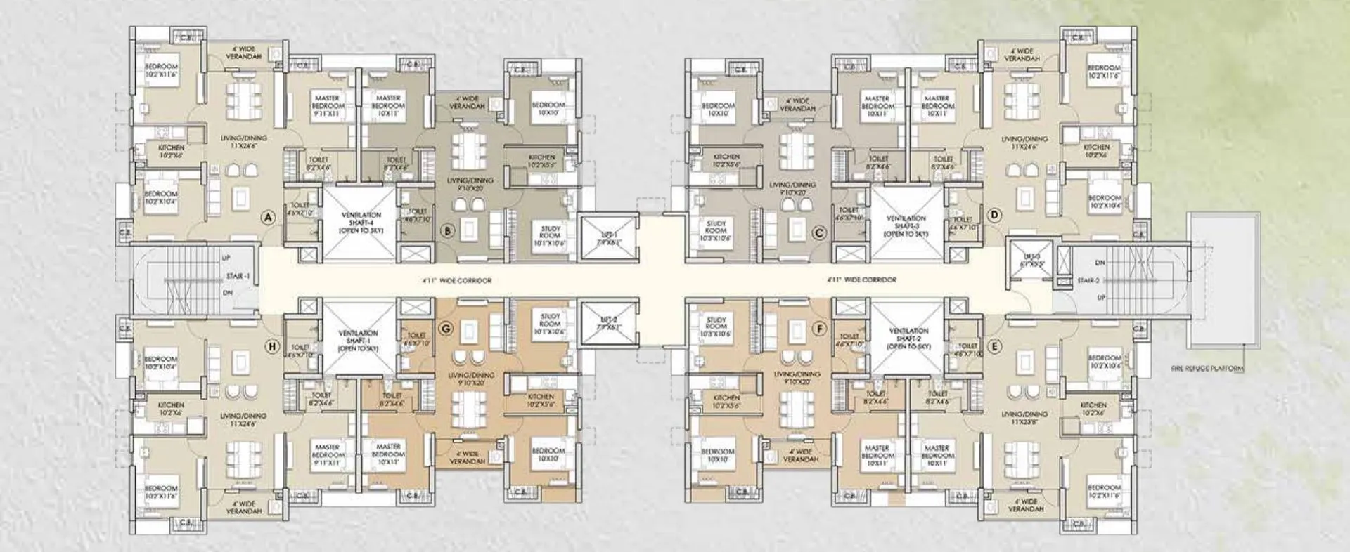 Typical floor plan of Towers 2 and 3 with 3 BHK apartments