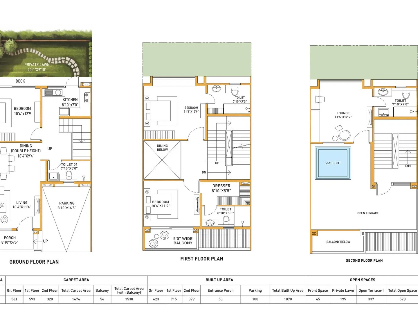 Ground, first and second floor plans of the Type A villa
