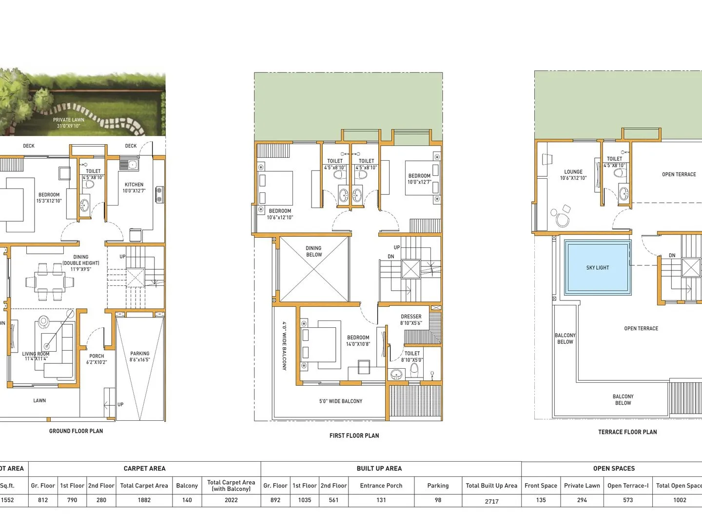 Ground, first and terrace floor plans of the Type B villa
