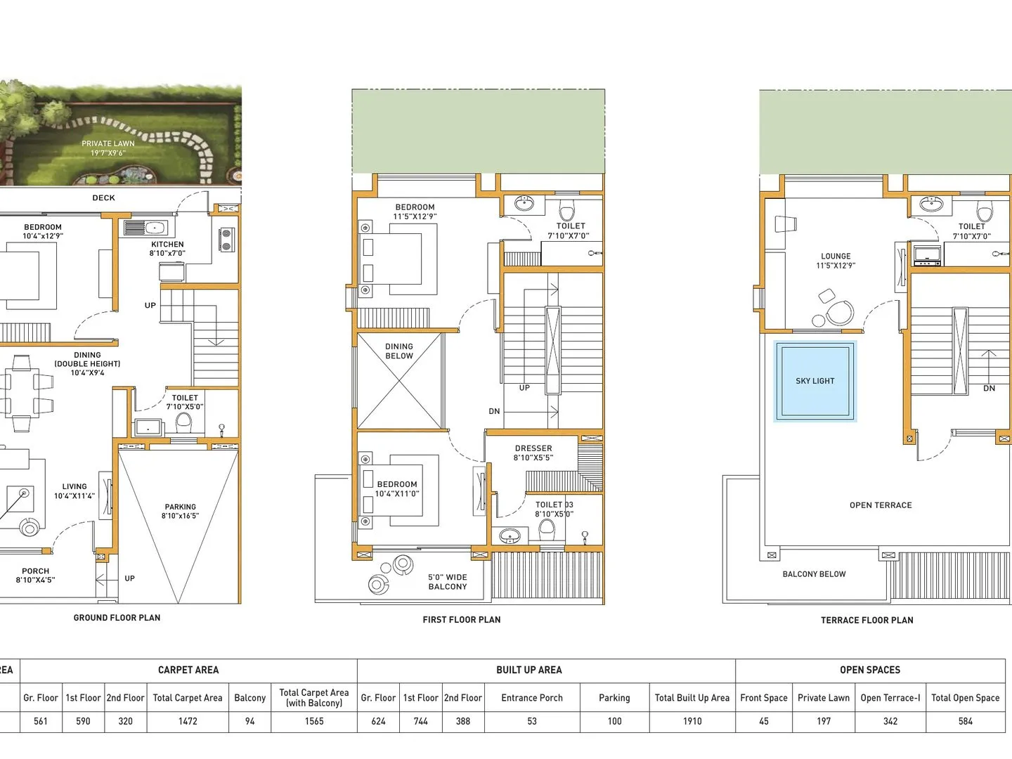 Ground, first and terrace floor plans of the Type C villa
