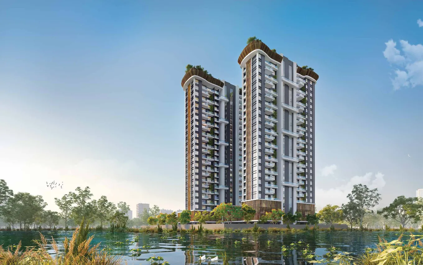 Jeevika towers beside the water body