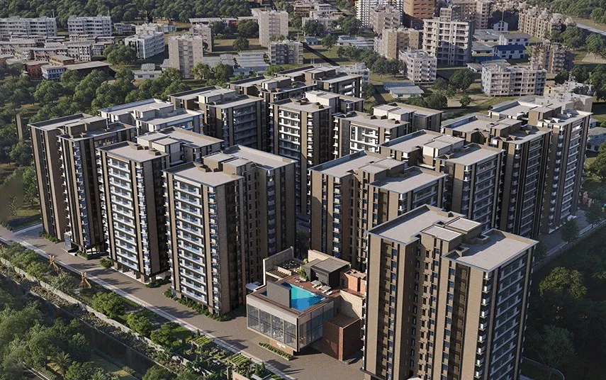 Aerial view of the Inspire towers and club pool