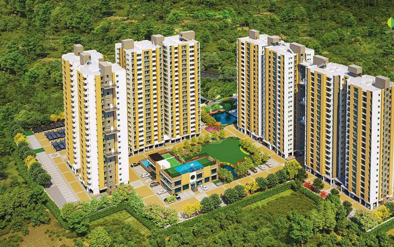 Aerial view of the four Sunrise Meadows towers around the central garden