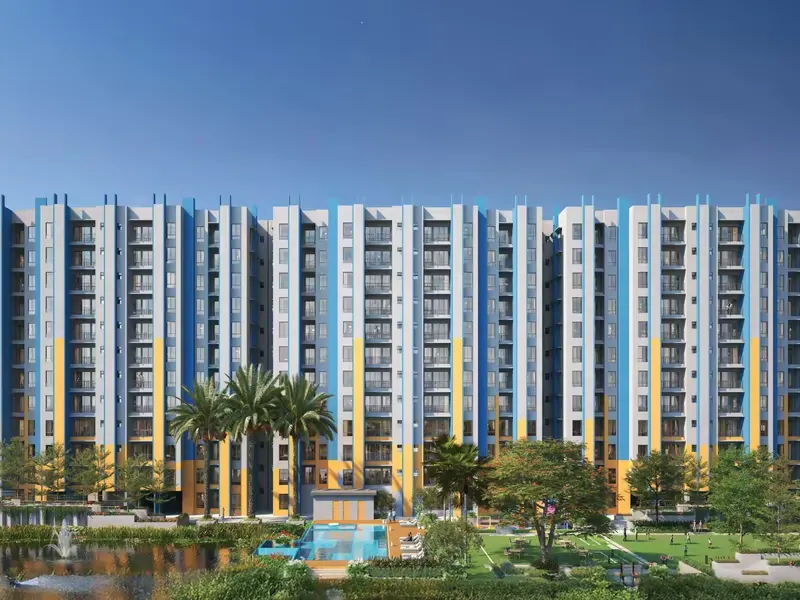 Front elevation of DTC Good Earth towers across the natural pond