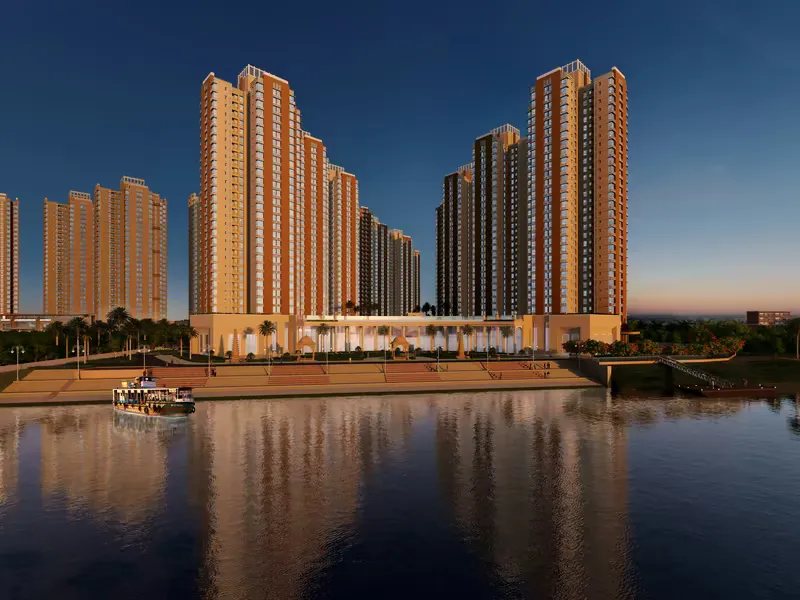 New Kolkata Sangam towers reflected in the Ganges at dusk