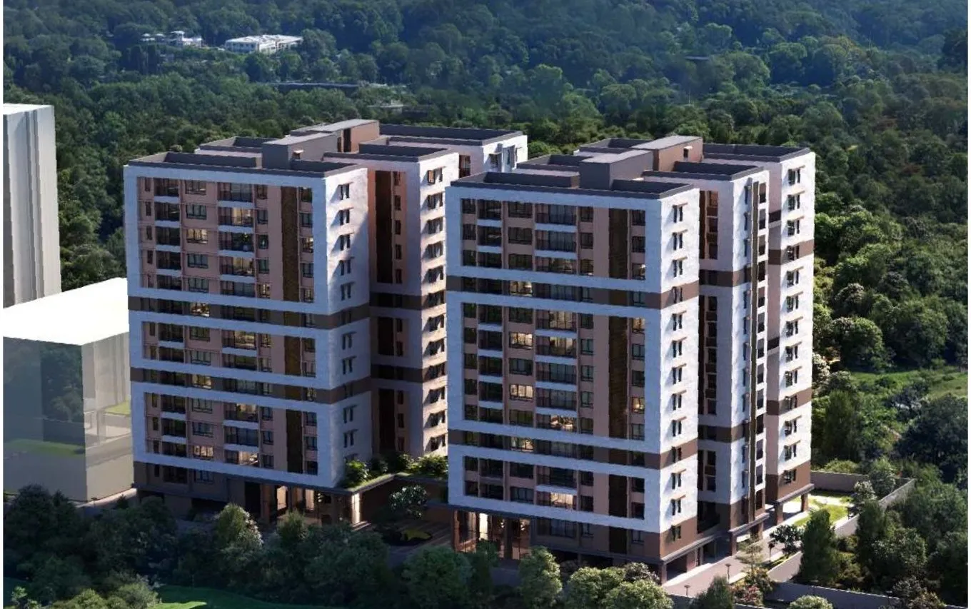 Aerial view of the Pravya towers among the greens