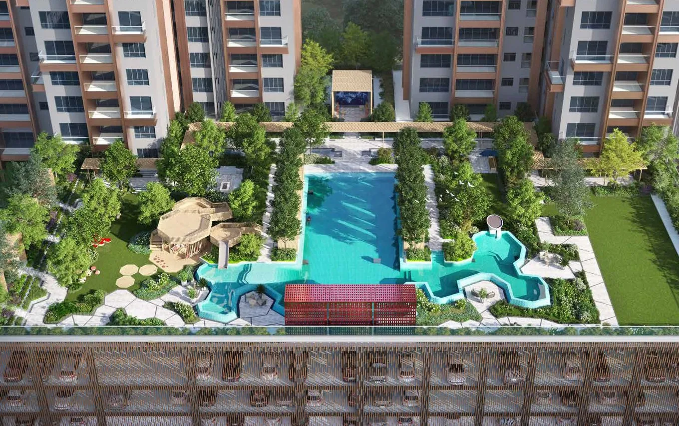 Aerial view of the podium pools and gardens