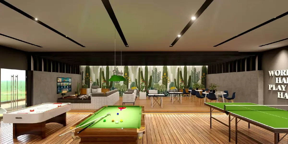 Indoor games room with pool and table tennis