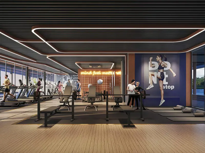 Clubhouse gymnasium with city views