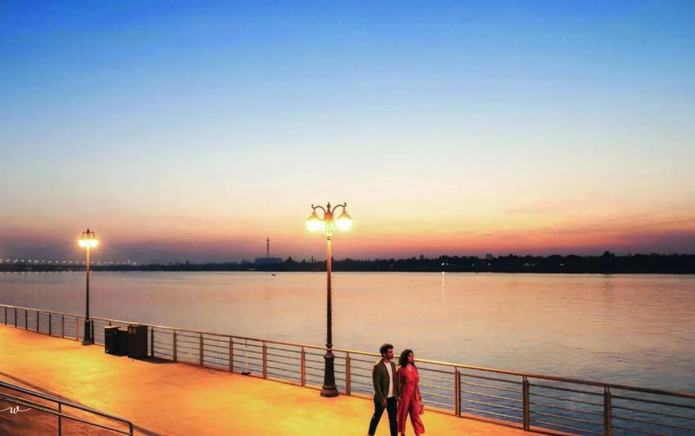 Riverside promenade at sunset