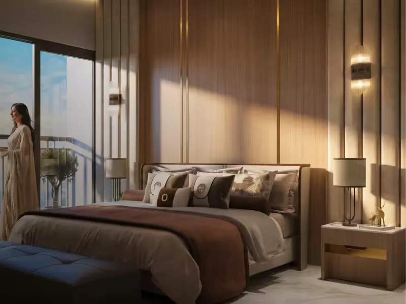 Bedroom with a standing balcony and city view