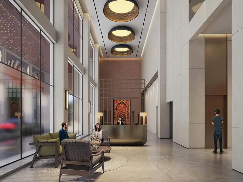 Tower lobby with double-height entrance