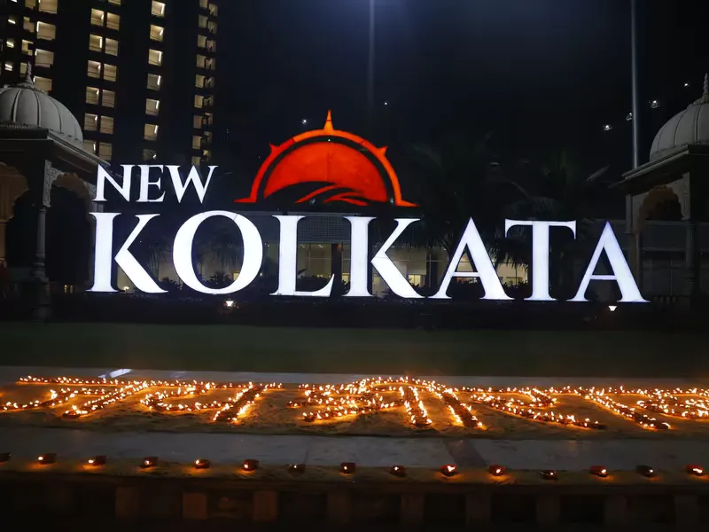 New Kolkata sign lit with diyas