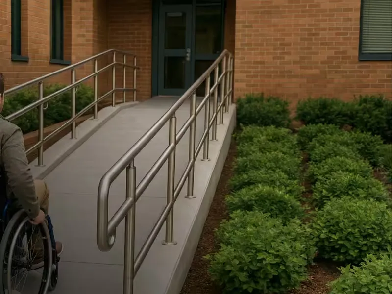 Wheelchair access ramp with handrails beside a garden bed