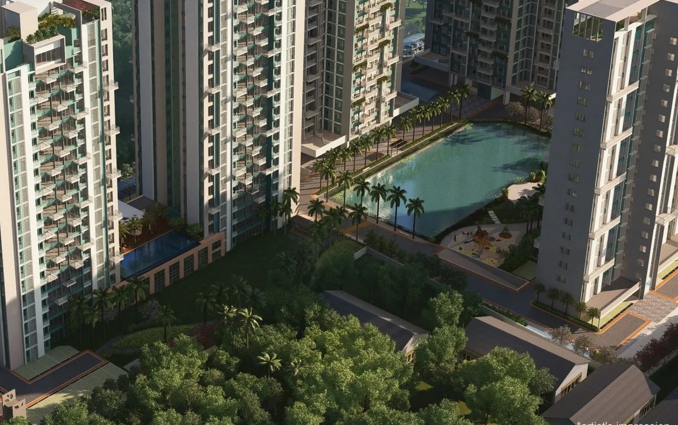 Towers around the open greens and waterbody