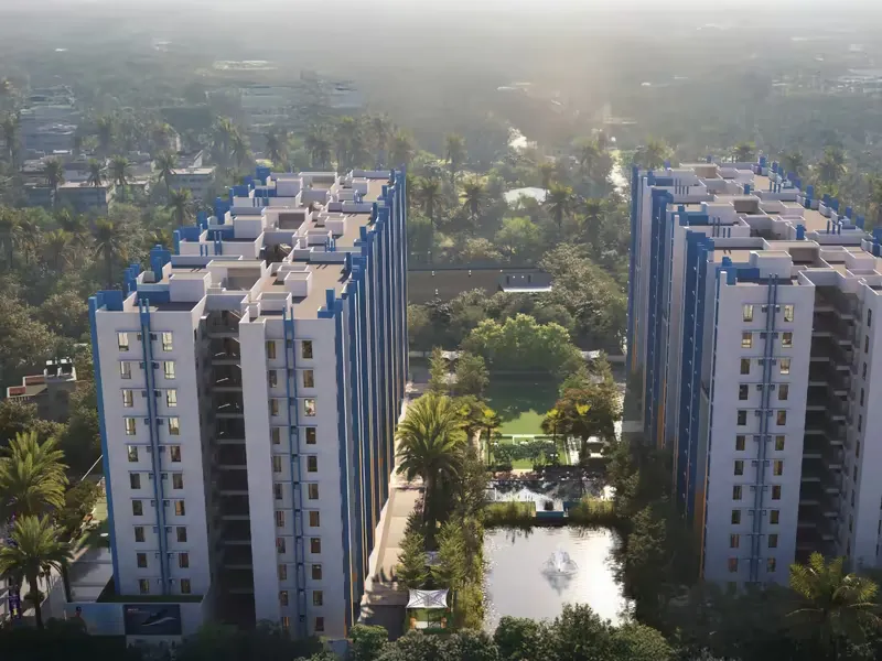 Aerial view of the towers with the pond between them