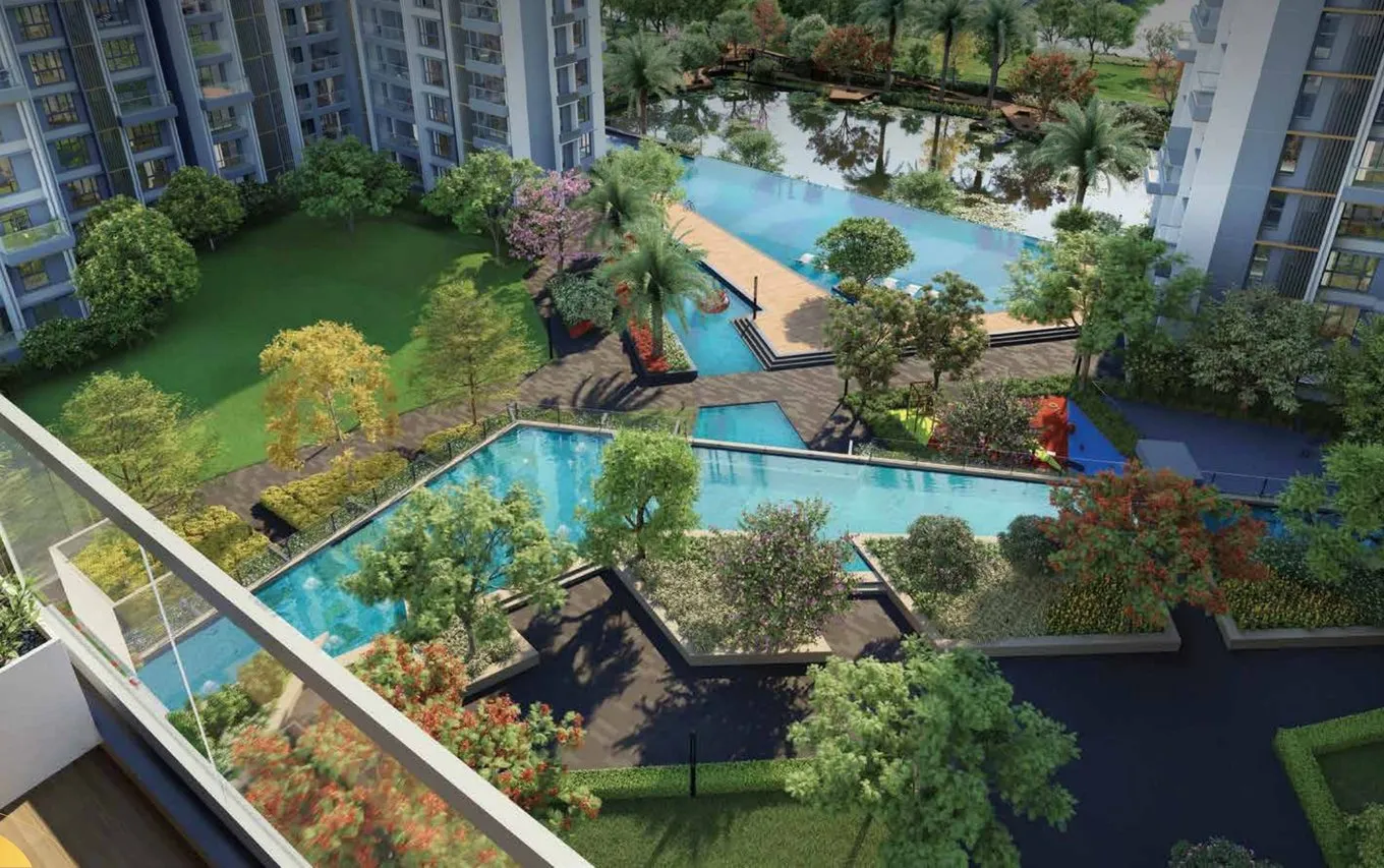Balcony view over the podium gardens, pools and the pond