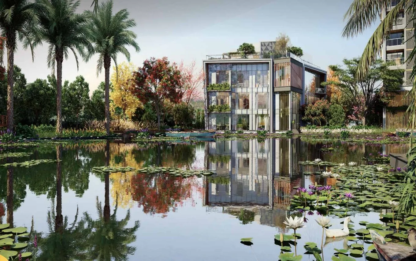 The Club by the Calm Waters reflected in the pond