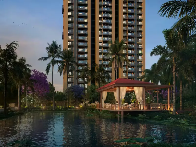 Serene water body with a gazebo at dusk