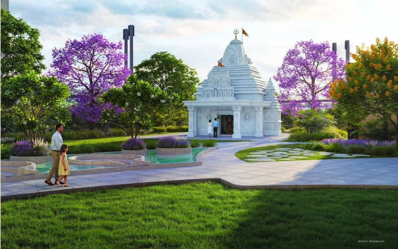 Temple in the landscaped podium gardens