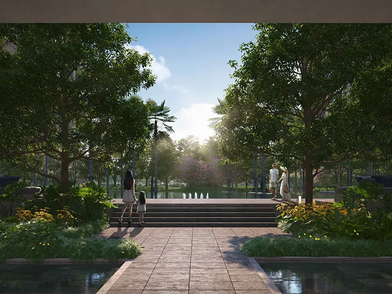 Landscaped pavilion and seating deck under mature trees