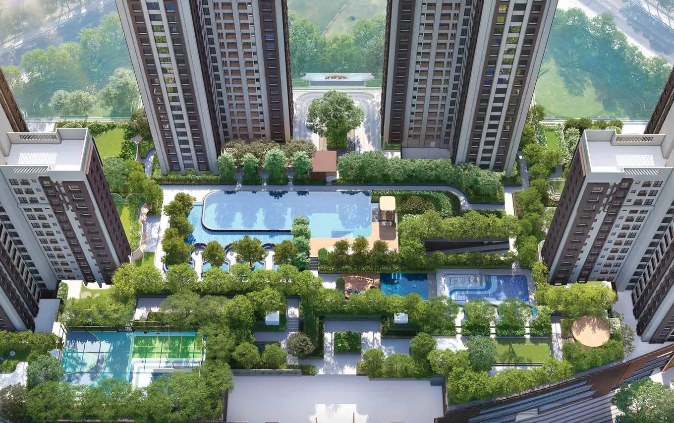 Aerial view of the podium pools and gardens