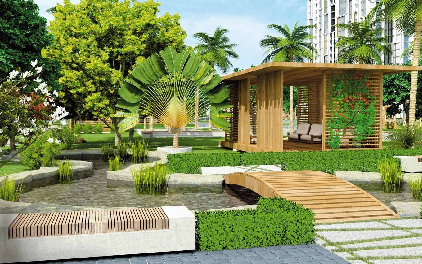 Landscaped garden with pavilion and footbridge