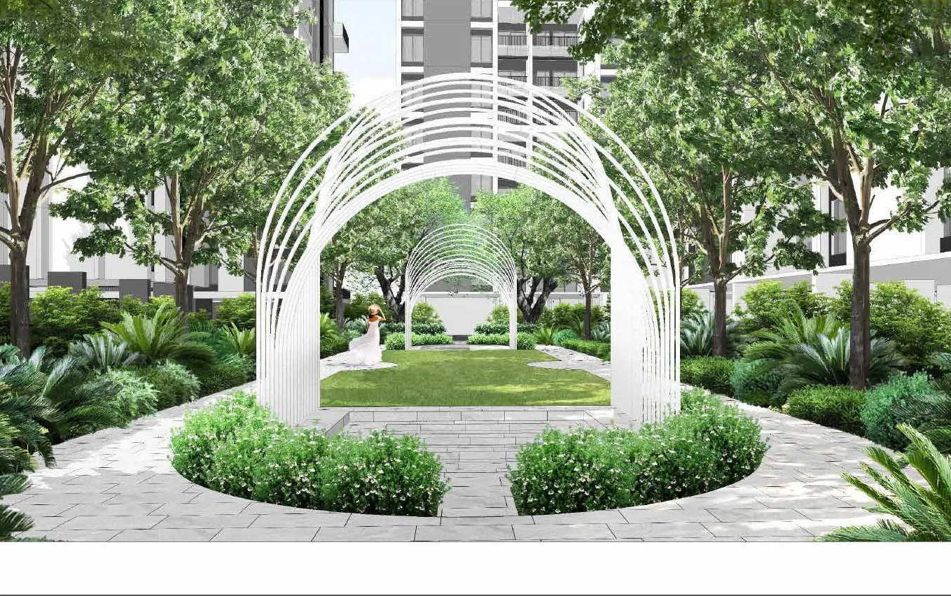 Meandering garden with arched pergola