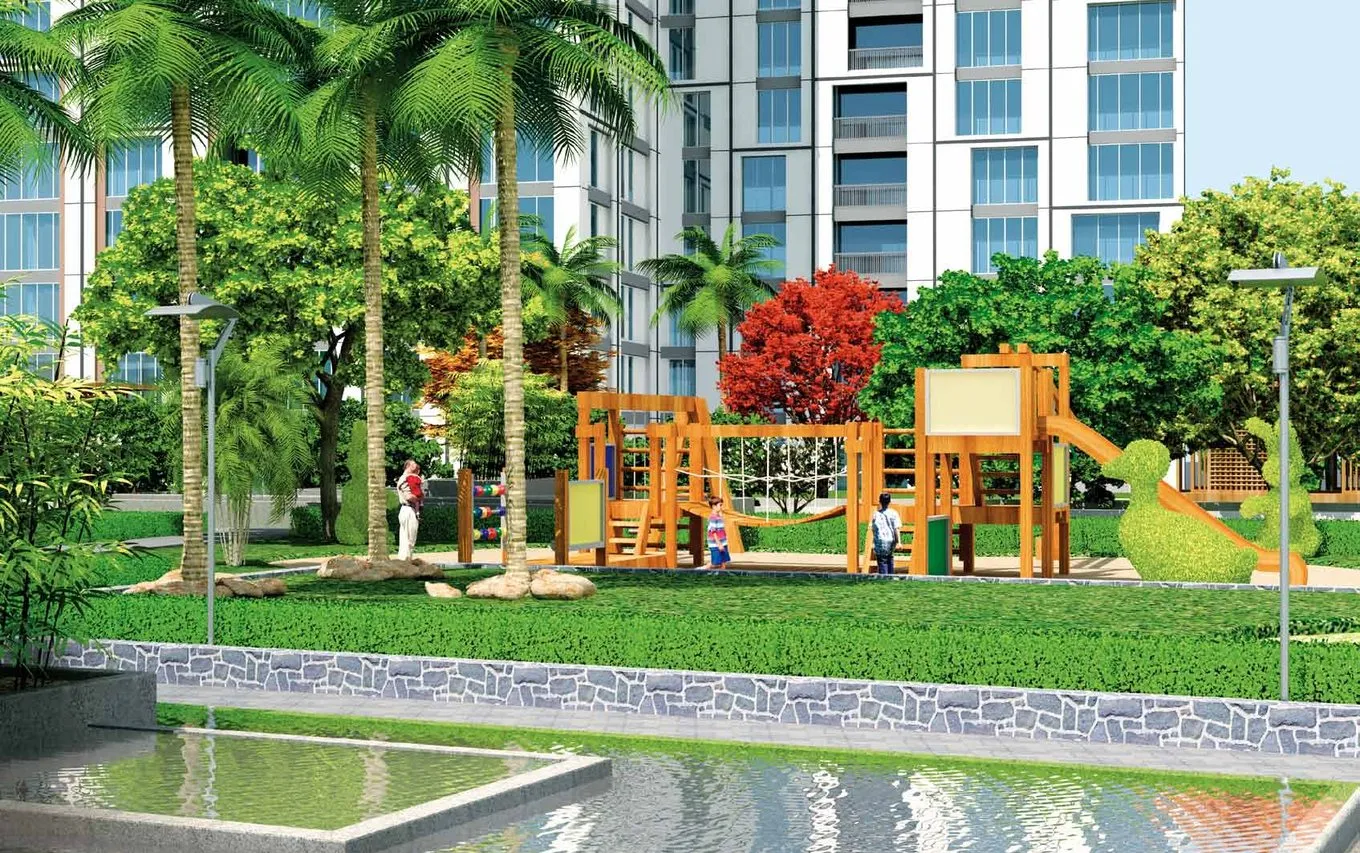 Children's play area beside a reflective pool