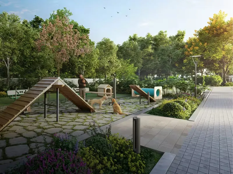 Pet park with agility ramps along a garden pathway