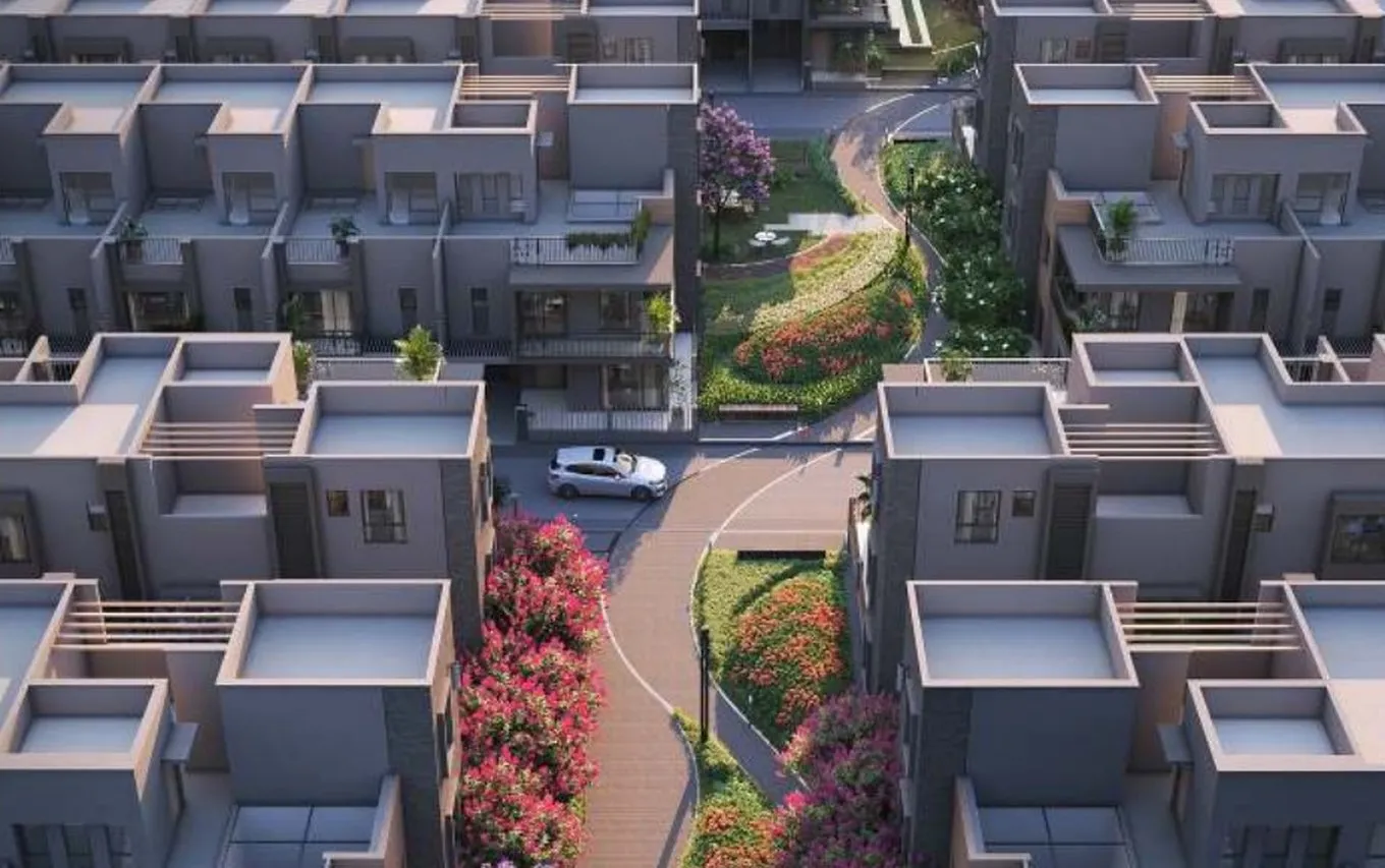 Aerial view of the villas and stretched garden