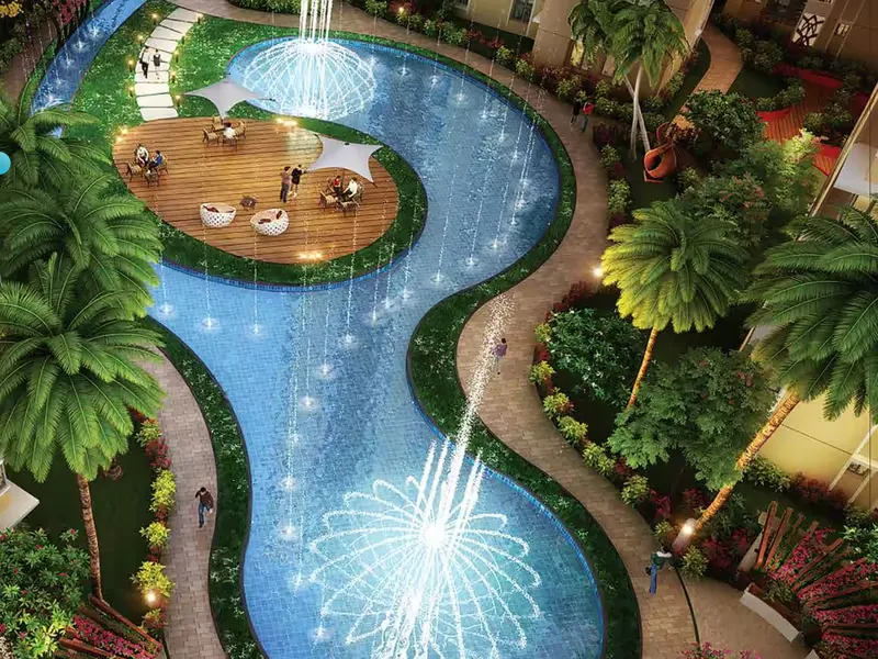 Podium fountain pool with central seating deck