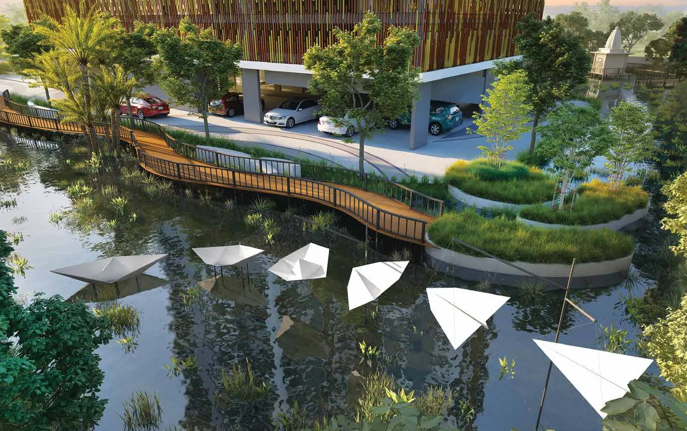 Water sculpture and floated seating