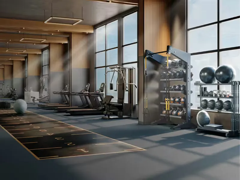 Clubhouse gym with full-height windows