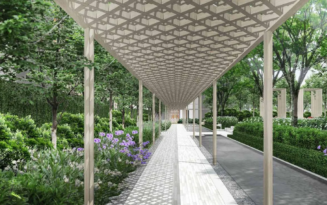 Covered walkway through the gardens