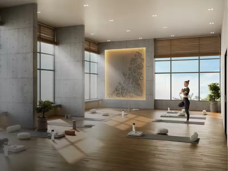 Yoga room with timber flooring and garden views